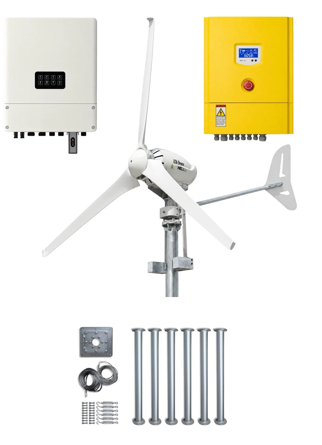 Complete Heli 2KW On-Grid Wind Turbine Set with Tower- Inverter and Controller –  Installation Kit for Grid Feed