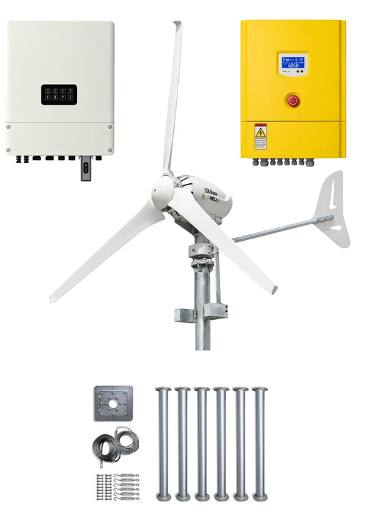 Complete Heli 2KW On-Grid Wind Turbine Set with Tower- Inverter and Controller –  Installation Kit for Grid Feed
